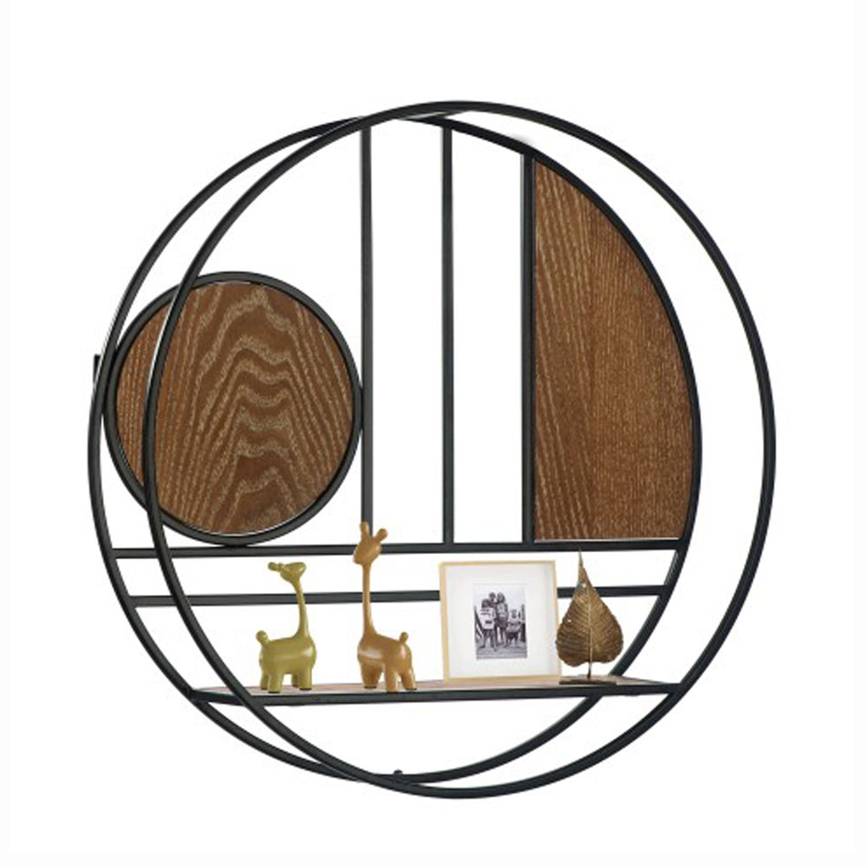 Foldable Round Wall Shelf - Chinese Style Single Tier Metal & Wood Look Decorative Shelf