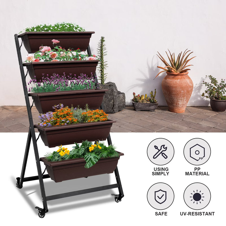 BIGTREE Vertical Garden Planter, Raised Garden Bed 5 Tier Herb Elevated Box with Wheels Container, Brown
