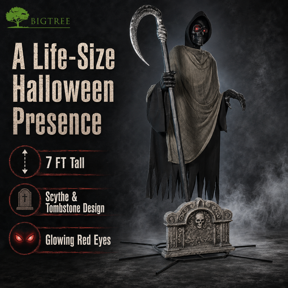 7 ft Life Size Grim Reaper, Halloween Animatronic with Scythe & Tombstone