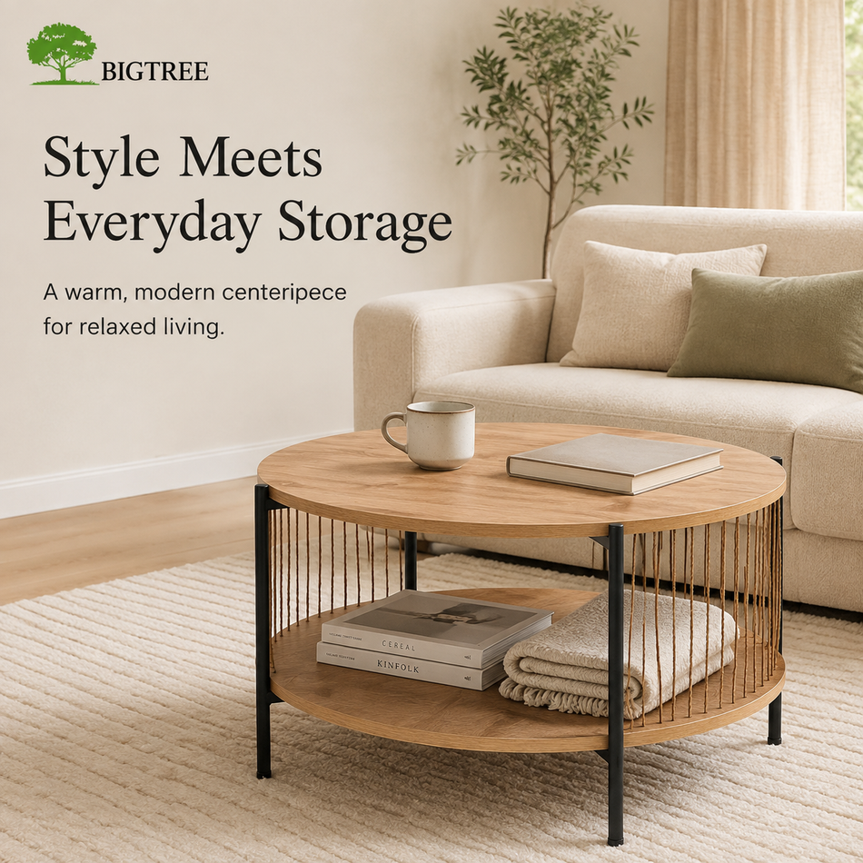 Round Coffee Table with Storage Shelf, 2-Tier Wood-Look Center Table with Black Metal Frame and Woven Rope Accents, Modern Farmhouse Living Room Table, Natural Brown