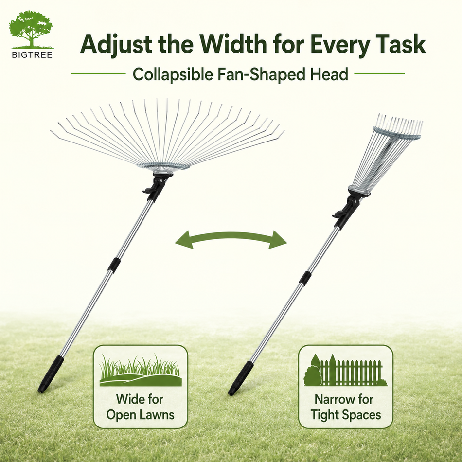 Adjustable Metal Rake - Collapsible & Telescopic - Garden, Yard, & Lawn - Ideal for Leaves