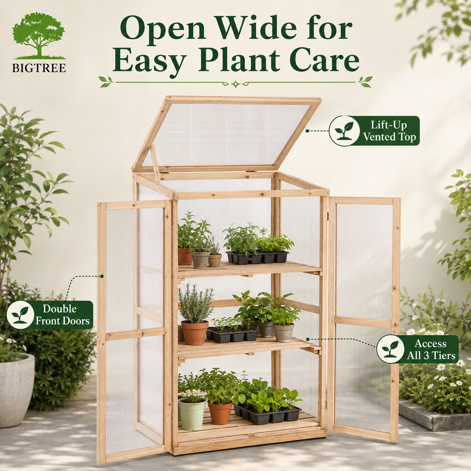BIGTREE 3-Tier Wooden Cold Frame Greenhouse, 27 x 19 x 47 Inch Mini Nursery with Transparent Polycarbonate Panels, Vented Hinged Top and Front Door for Patio, Balcony and Garden Plants
