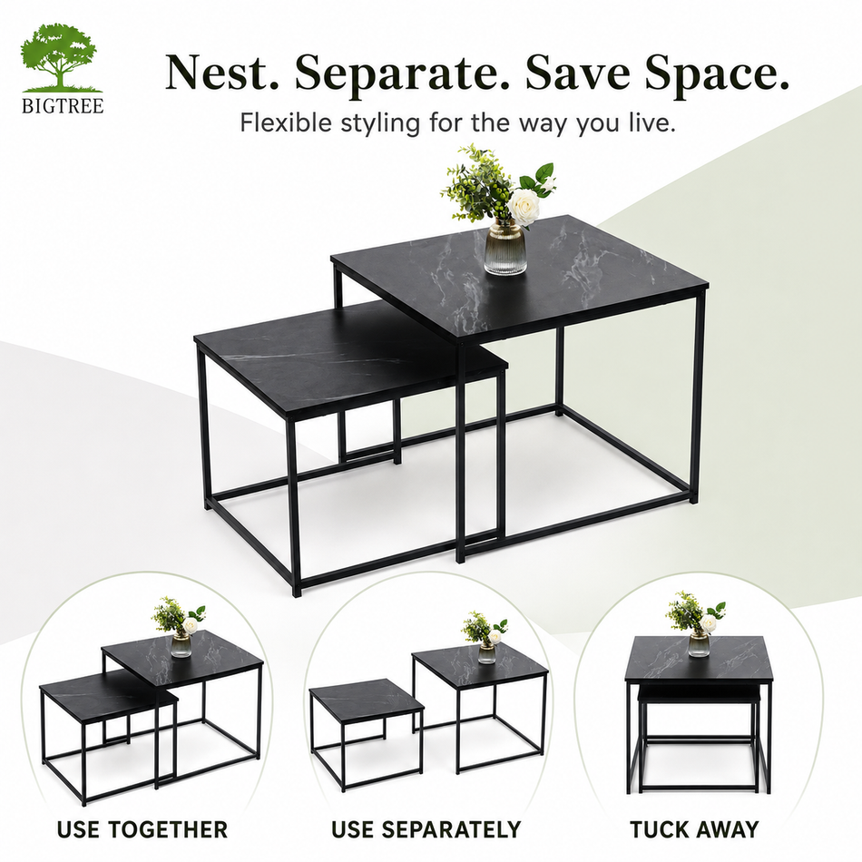 Set of 2 Nesting Coffee Tables, Modern Square Faux Marble Accent Tables with Black Metal Frames, Space-Saving End Table Set for Living Room, Bedroom and Office, Black