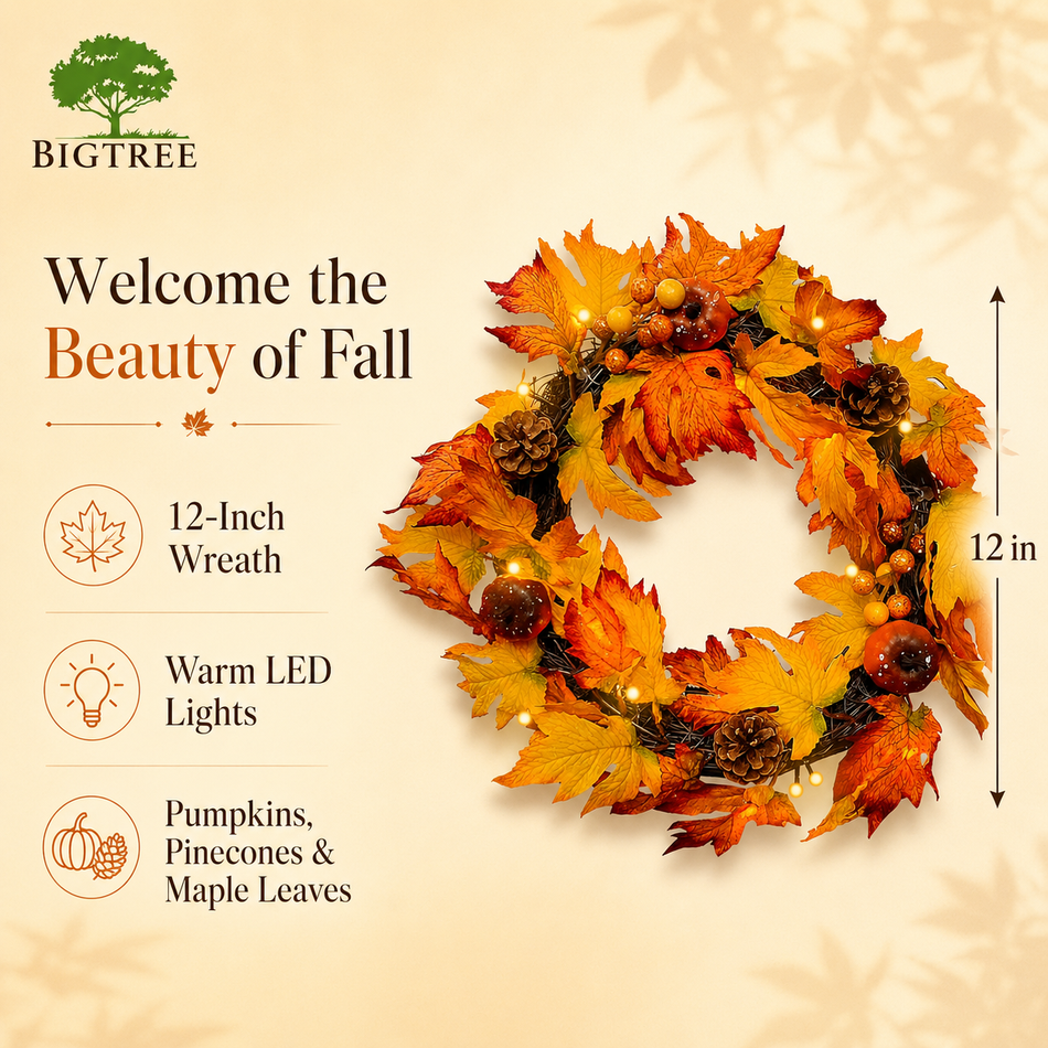 BIGTREE 12 Inch Artificial Autumn Fall Wreath , Harvest Thanksgiving Door Wreath with LED Lights Pumpkins, Pinecone, Maple Leaf Indoor Outdoor Decoration