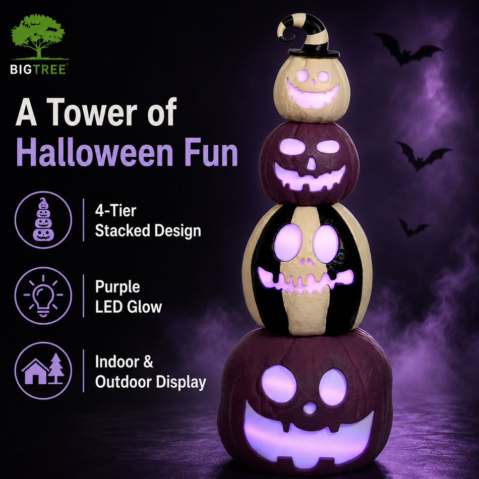 4-Tier Light-Up Stacked Pumpkins with Witch Hat, LED Halloween Jack-O-Lantern Tower for Indoor Outdoor Yard Decor