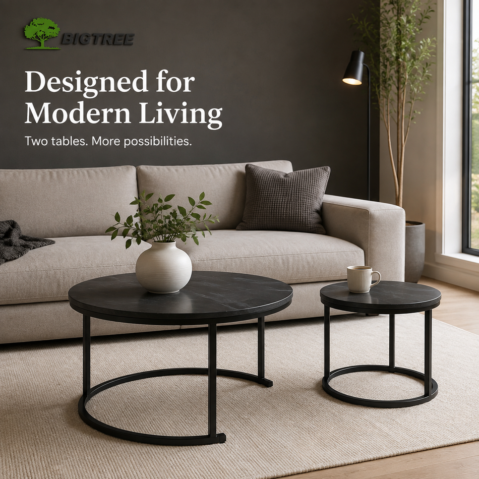 2-Piece Round Nesting Coffee Table Set, Modern Black Marble-Look Tables with Metal Frames, Space-Saving Coffee and Side Table Set for Living Room, Bedroom, Apartment and Office