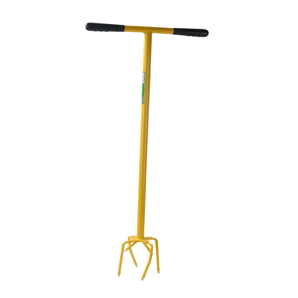 Heavy-Duty Garden Cultivator with T-Handle, Yellow Metal Yard Claw Rake for Soil Loosening, Weeding & Aeration