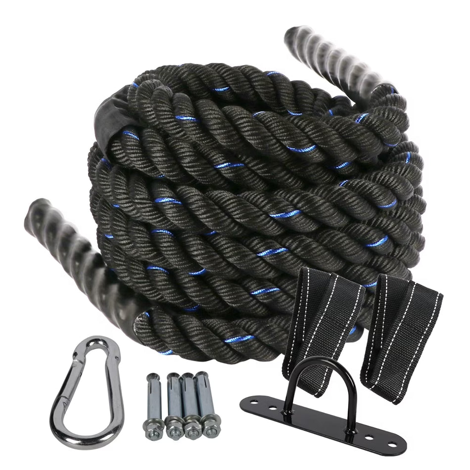 BIGTREE Battle Rope Poly Dacron 1.5 in Diameter 40 ft Length, Training Rope with Protective Sleeve with Wall Anchor - BLACK/BLUE