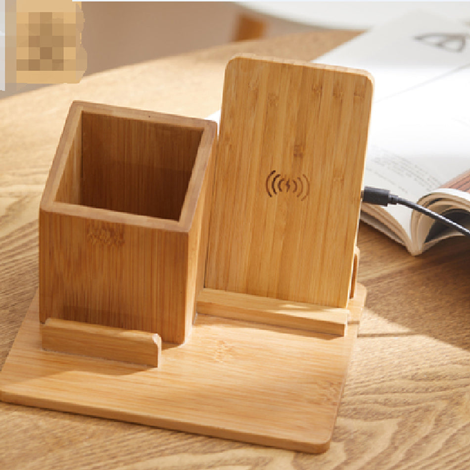 Bamboo Wireless Charging Station, 2-in-1 Desk Organizer & Phone Stand