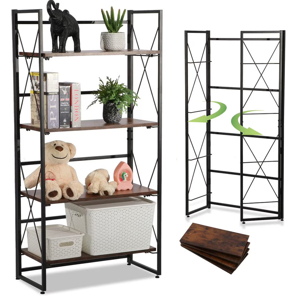 BIGTREE 4 Tier Folding Bookshelf No Assembly Bookcase with Metal Frame and Adjustable Feet, Brown