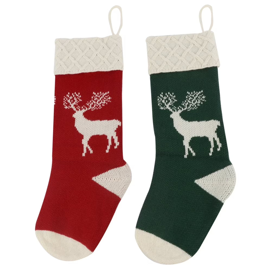 BIGTREE 2 Pack 17 inch Hand Knit Holiday Reindeer Christmas Stockings Stuffers Mantel Decoration Red Green