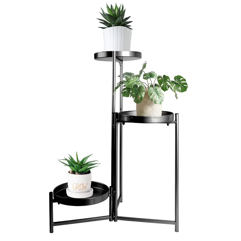 BIGTREE 3 Tier Foldable Plant Stands Corner Metal Planter Shelf Indoors Decor Black
