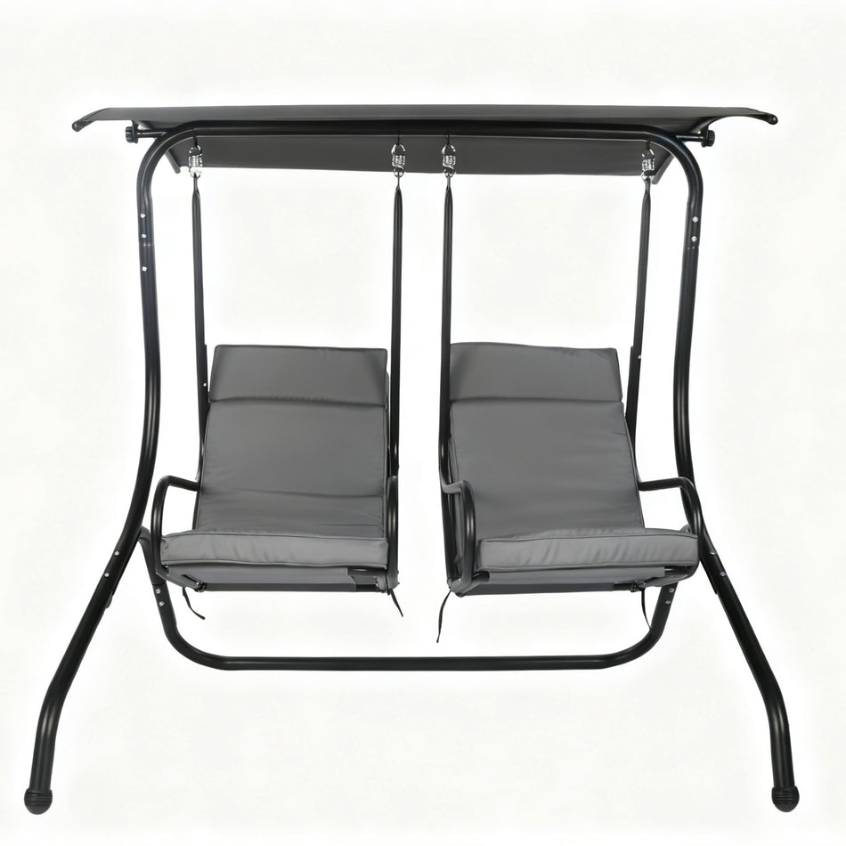 2-Seat Outdoor Patio Swing with Canopy, Black Metal Porch Swing Chair with Cushions, Weather-Resistant for Garden, Backyard, Deck