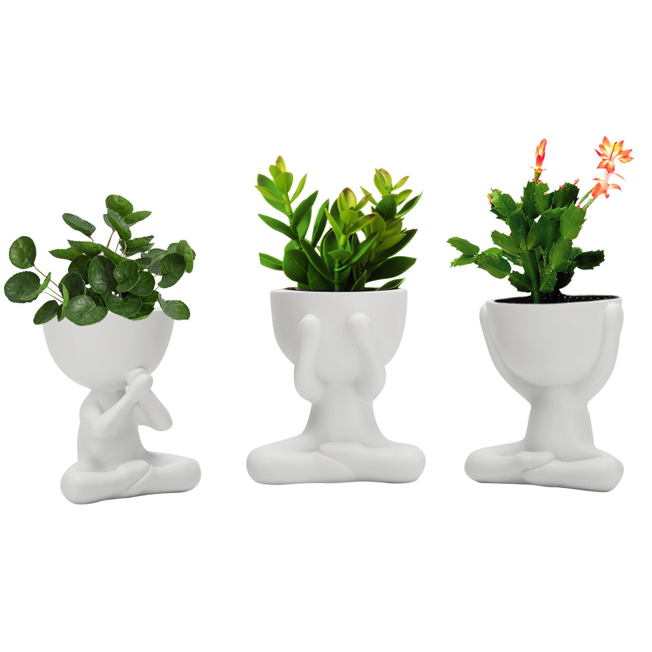 3 Pack Ceramic Succulent Plant Pot, Creative Human Shaped Planter, Decorative Resin Succulent Planter Vase Human Face Flower Pot Plant Container Bonsai Holders Desktop Flower Table Art Statue, White