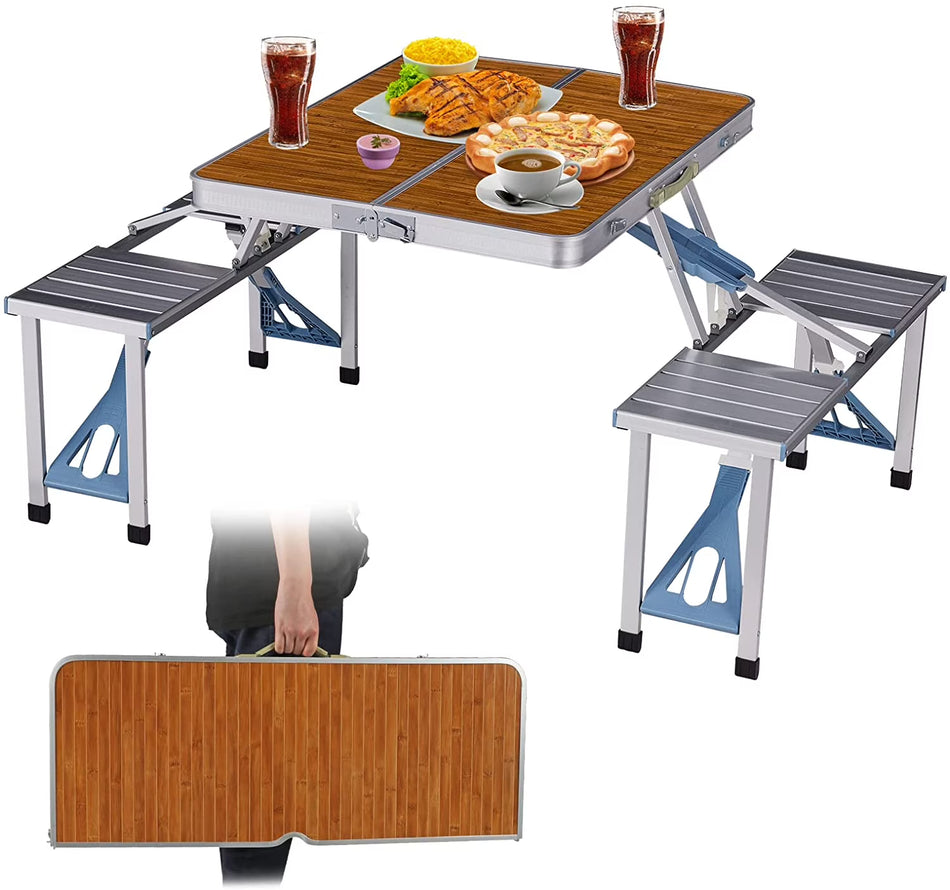BIGTREE Foldable Portable Suitcase Camping Picnic Travel Table and Four Seats Chairs with Umbrella Hole , Bamboo