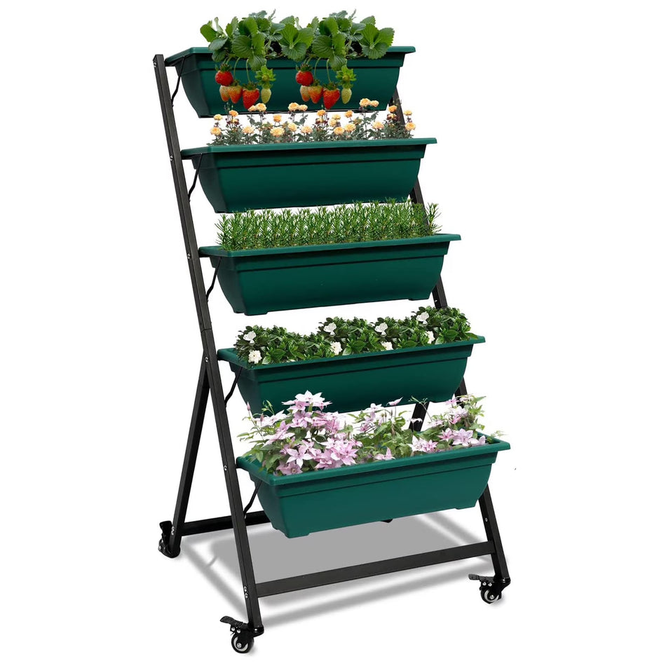 BIGTREE 5 Tier Metal Vertical Raised Garden Bed with Wheel, Freestanding Elevated Planter Bed, Green