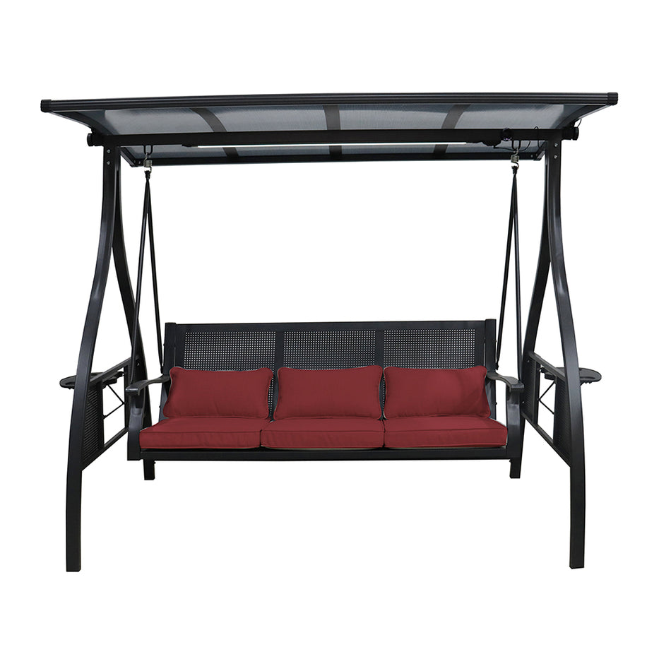 Outdoor 3-Seat Patio Swing with Canopy, Metal Porch Swing Chair with Red Cushions & Side Table, Weather-Resistant for Garden, Backyard, Deck