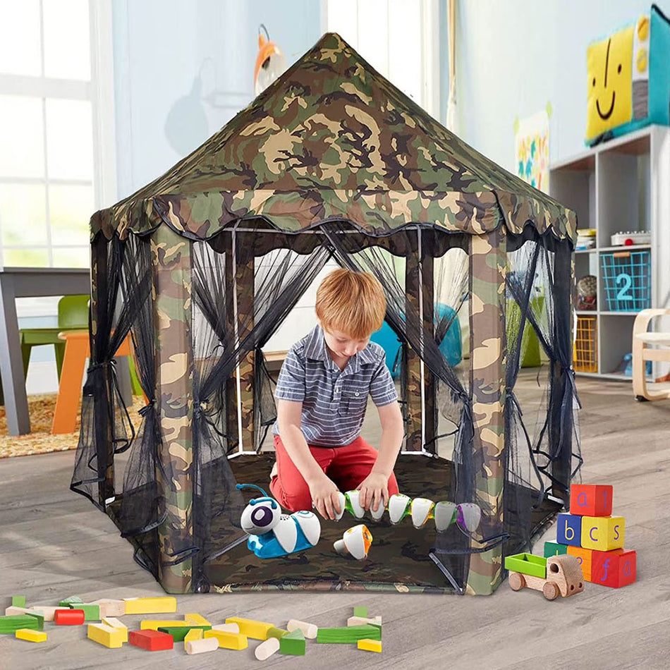 BIGTREE Camouflage Castle Kids Play Tent Indoor Outdoor Mesh Playhouse with Carry Bag, 55"x53"