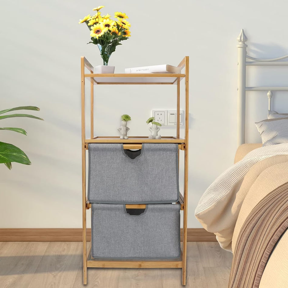 BIGTREE 3-Tier Storage Basket Dressers Unit Bathroom Bamboo Tower Fabric Drawers Storage Shelf, New