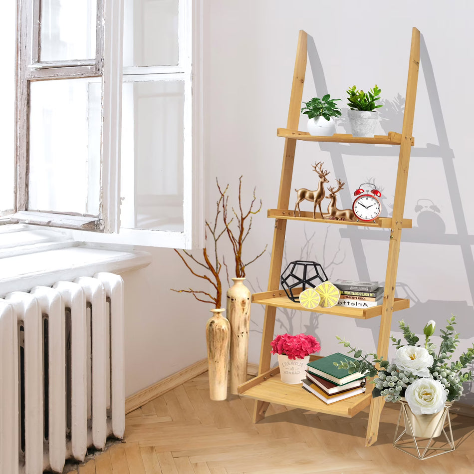 BIGTREE 4 Tier Wood Bookshelf Ladder Organizer Bookcase Plant Holder Bathroom Office Shelf for Adult