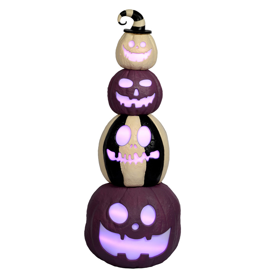 4-Tier Light-Up Stacked Pumpkins with Witch Hat, LED Halloween Jack-O-Lantern Tower for Indoor Outdoor Yard Decor