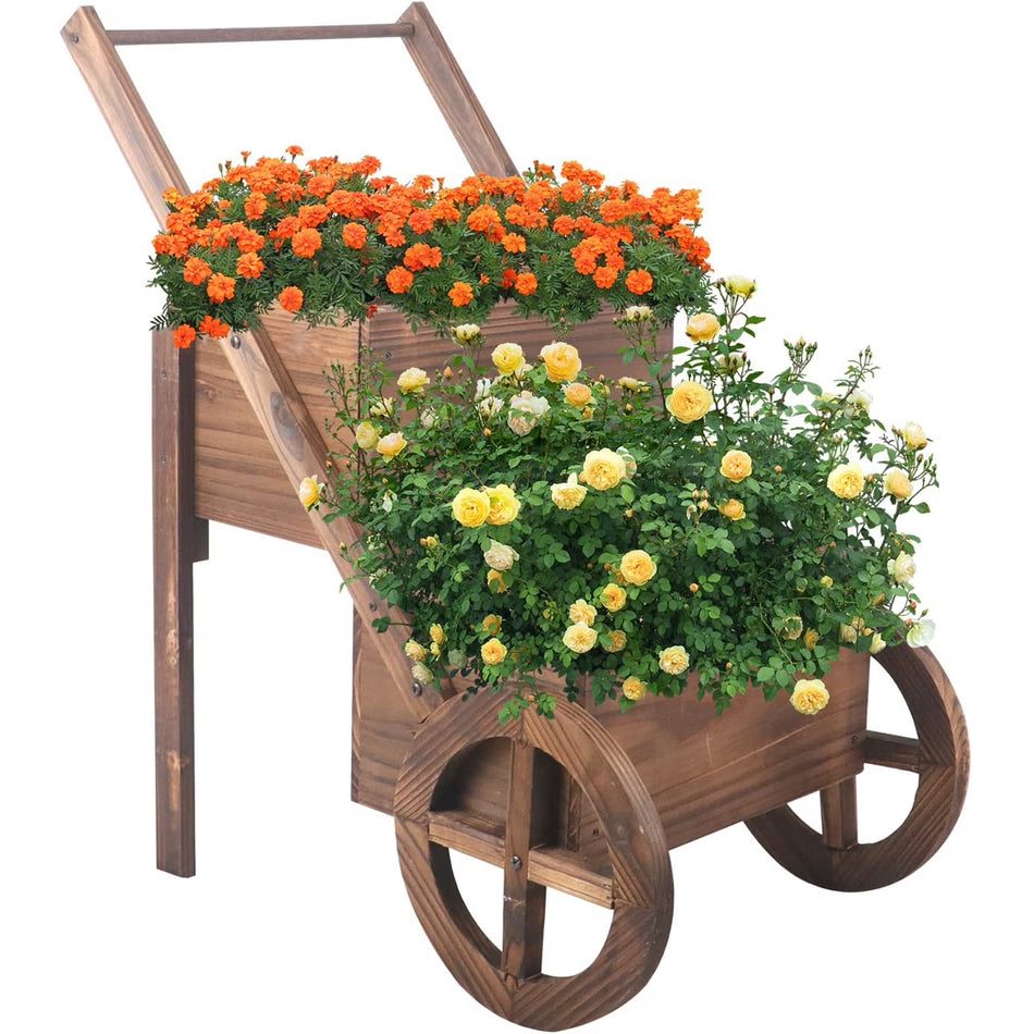 BIGTREE Wood Wagon Flower Planter Cart 2 Tier Flower Box Display Brown
