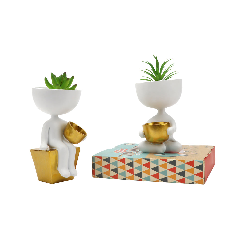 2 Pack Ceramic Succulent Plant Pot, Creative Human Shaped Planter, Decorative Resin Succulent Planter Vase Human Face Flower Pot Plant Container Bonsai Holders Desktop Flower Table Art Statue, White