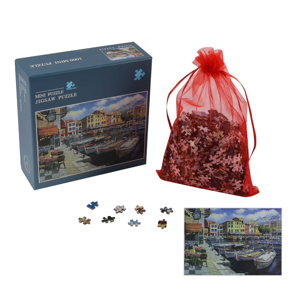 BIGTREE Puzzle 1000 Pieces Mini 10x15" Classic Paper Jigsaw Puzzle Harbour Art Painting Backside