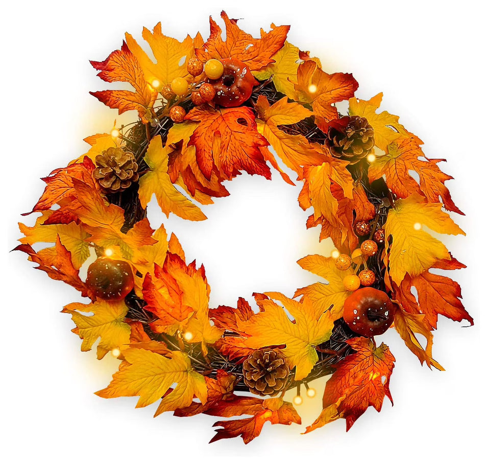 BIGTREE 12 Inch Artificial Autumn Fall Wreath , Harvest Thanksgiving Door Wreath with LED Lights Pumpkins, Pinecone, Maple Leaf Indoor Outdoor Decoration