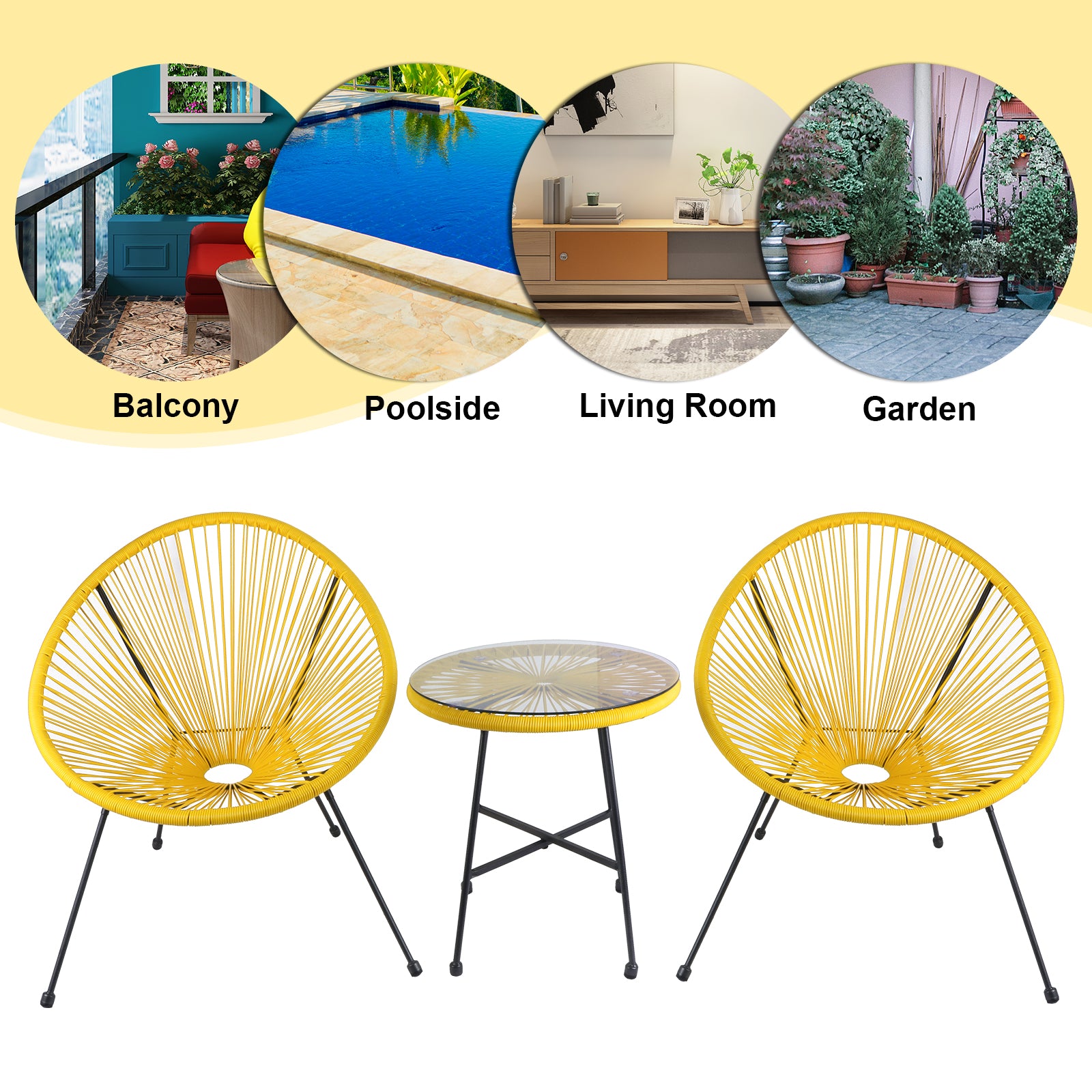 Bigtree 3pc Rattan Wicker Patio Acapulco Bistro Chair Set Furniture Yellow