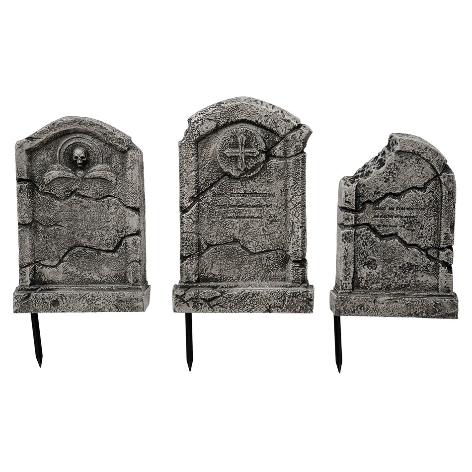 3-Pack Halloween Foam Tombstones with Stakes, Realistic Weathered Graveyard Headstones for Outdoor Yard, Haunted House Decor