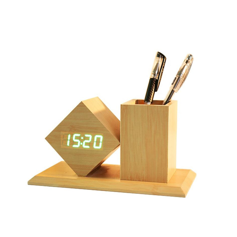 Bamboo 2-in-1 Desk Organizer, LED Clock & Pen Holder