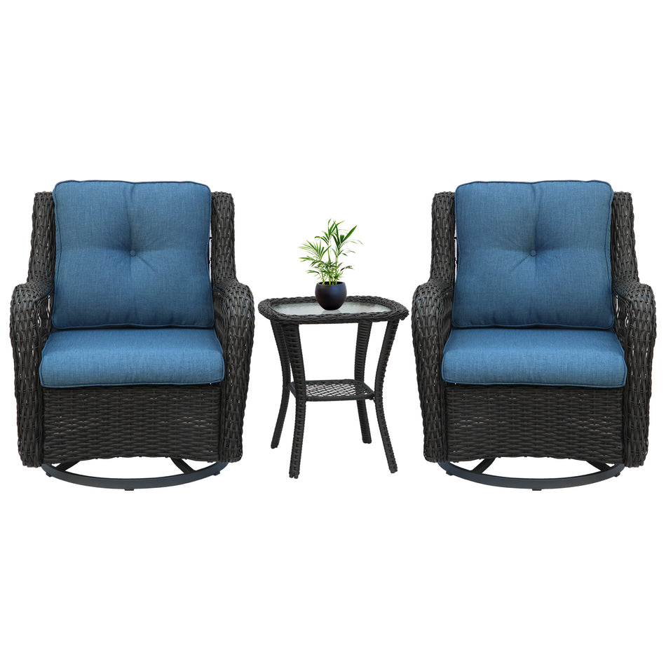 Bigtree 3 Piece Wicker Swivel Rocker Patio Furniture Set Blue