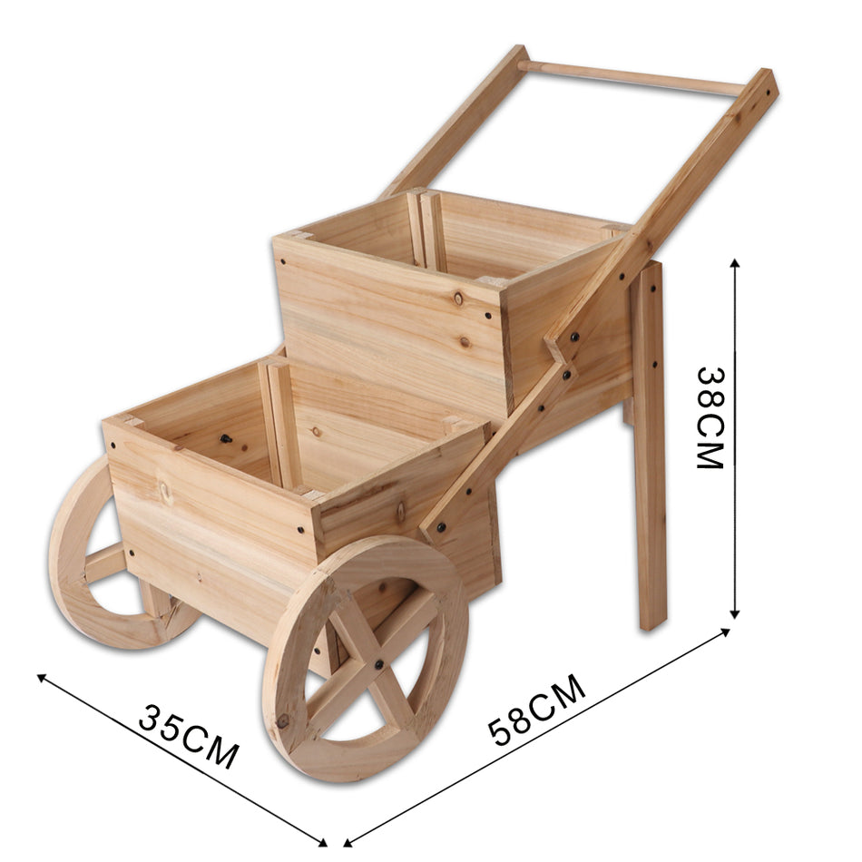 Flower Planter Two Tier Vertical Pot Wooden Wagon Cart Natural Flower Box Display