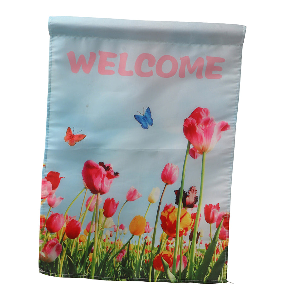 SM Garden Flag - 'WELCOME' Tulip & Butterfly Spring Design, Durable Polyester Flag for Outdoor Yard Decor