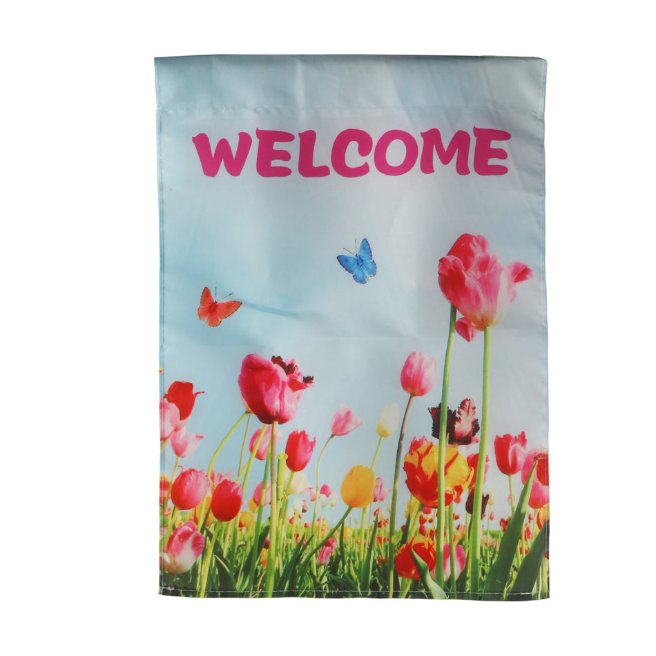 SM Garden Flag - Welcome Tulip & Butterfly Design, Durable Polyester Garden Flag for Outdoor Decor, Spring Yard Banner