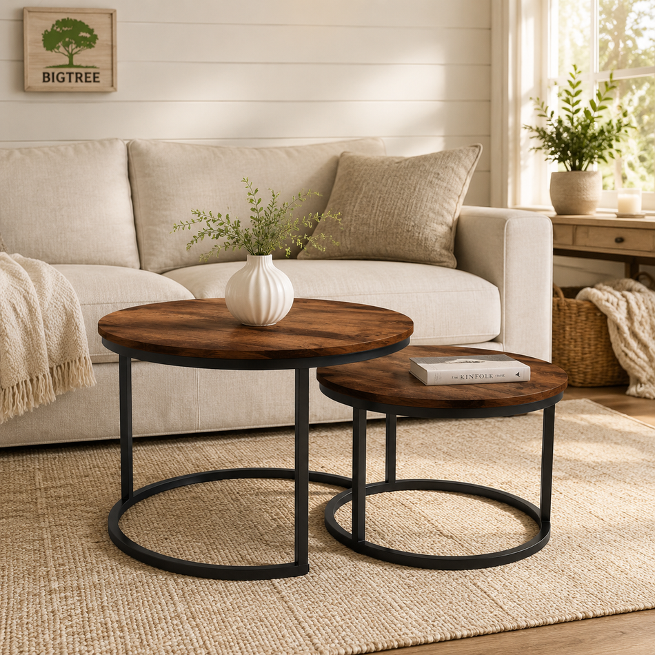 Set of 2 Round Nesting Coffee Tables, Rustic Brown Wood-Look End Table Set with Black Metal Frames, Space-Saving Accent Tables for Living Room, Bedroom and Office
