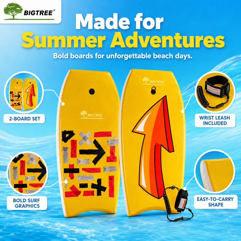 BIGTREE 2-Pack Body Boards with Wrist Leash, Bright Yellow Wave Riding Boards for Kids and Teens, Easy-to-Carry Beach Surf Boards for Ocean, Pool and Summer Water Fun