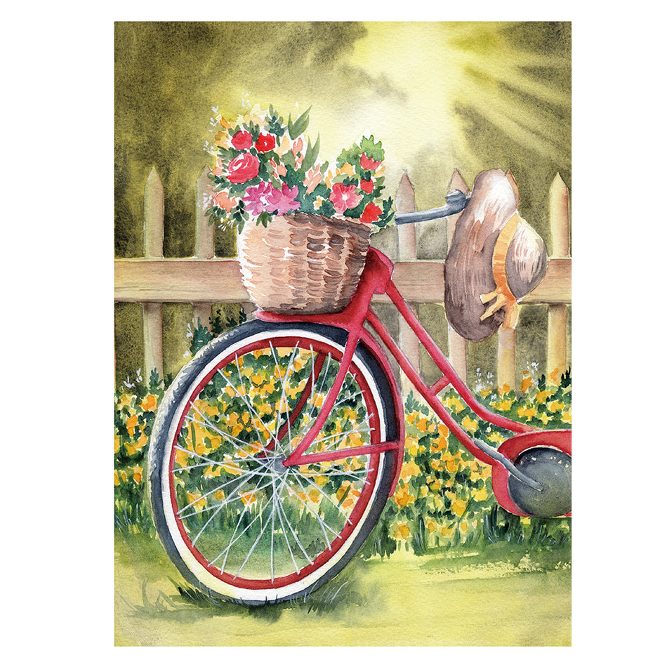 SM Garden Flag - Watercolor Vintage Red Bicycle with Floral Basket Design, Durable Polyester Flag for Outdoor Yard & Garden Decor