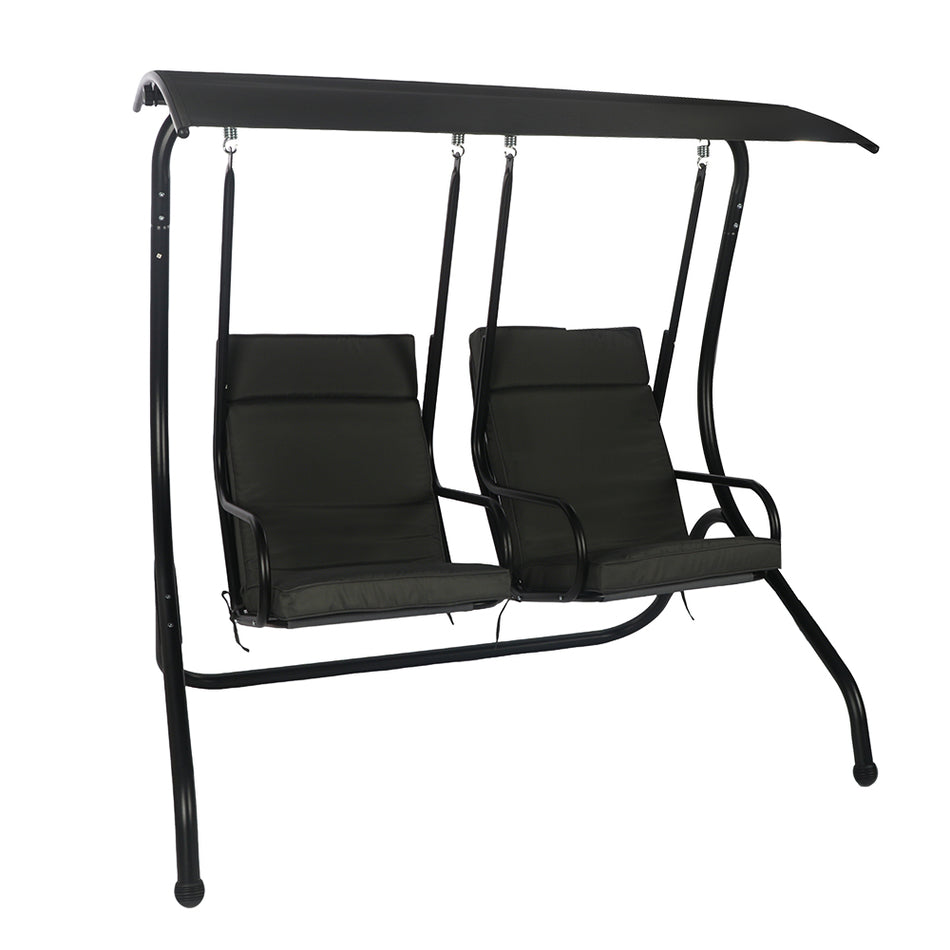 2-Seat Outdoor Patio Swing with Canopy, Black Metal Porch Swing Chair with Cushions, Weather-Resistant for Garden, Backyard, Deck