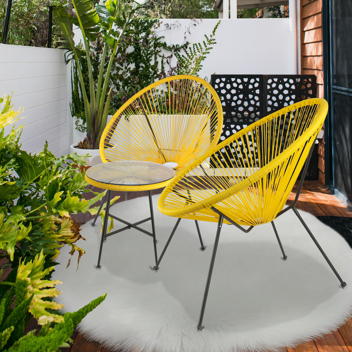 3-Piece Acapulco Bistro Set Yellow Rattan Wicker Chairs with