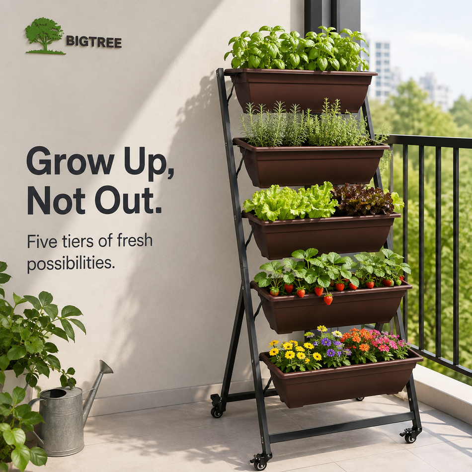 5-Tier Vertical Raised Garden Bed with Wheels, Freestanding Mobile Planter Stand with 5 Rectangular Planter Boxes for Herbs, Flowers and Vegetables, Space-Saving Tiered Garden for Patio, Balcony and Indoor Outdoor Use, Brown