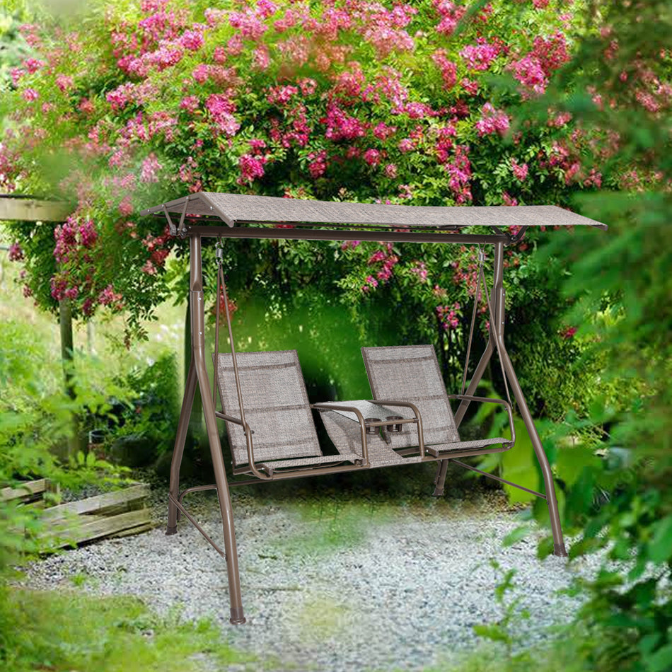 2-Seat Outdoor Patio Swing with Canopy & Glass Table, Brown Metal Frame Swing Chair for Garden, Backyard & Porch