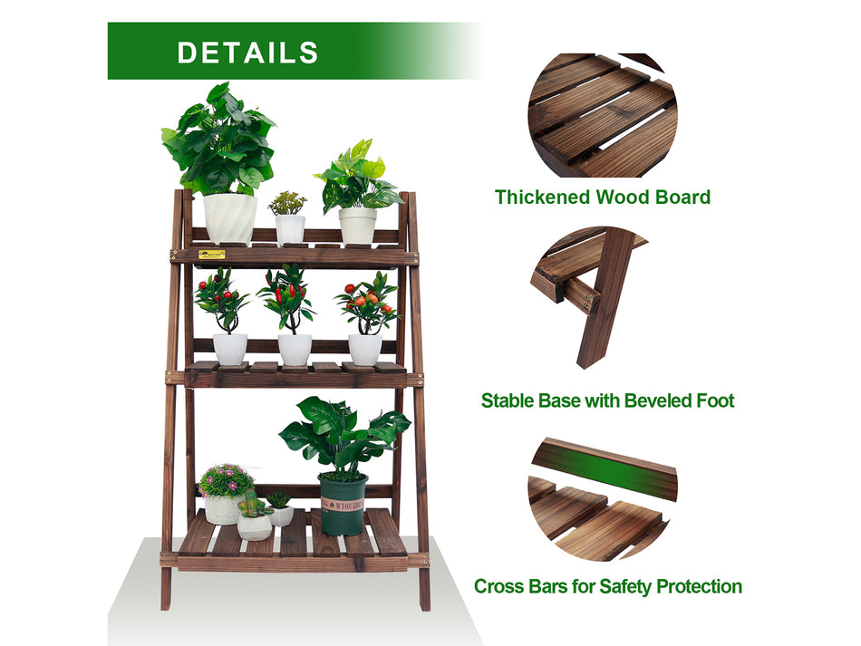 3-Tier Folding Wooden Plant Stand, Carbonized Wood Plant Rack