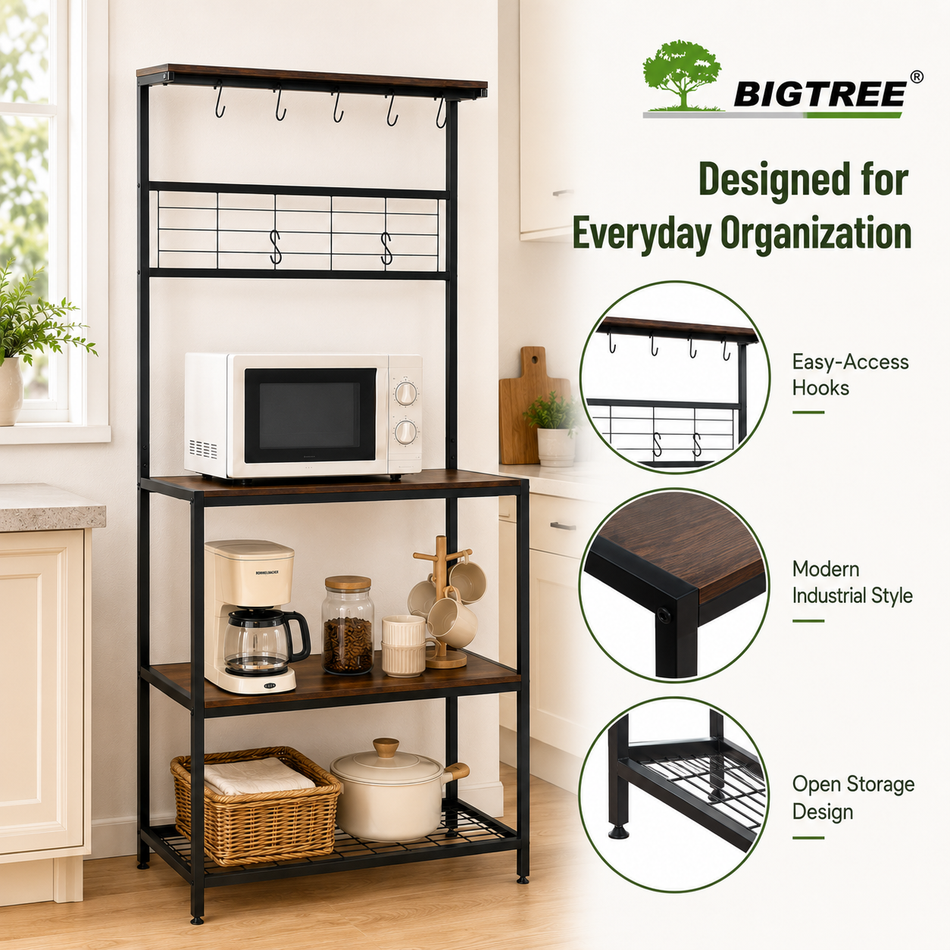 BIGTREE Kitchen Baker’s Rack with Storage Shelves, Freestanding Microwave Stand with 7 Utility Hooks, Metal Frame Coffee Bar Station for Kitchen, Pantry or Dining Room, Rustic Brown and Black