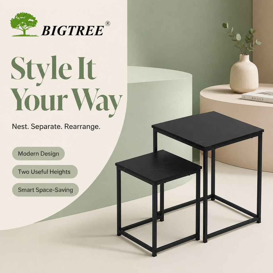 BIGTREE Nesting Side Tables Set of 2, Modern Black Square End Tables with Space-Saving Design, Metal Frame Accent Tables for Living Room, Bedroom, Apartment or Office