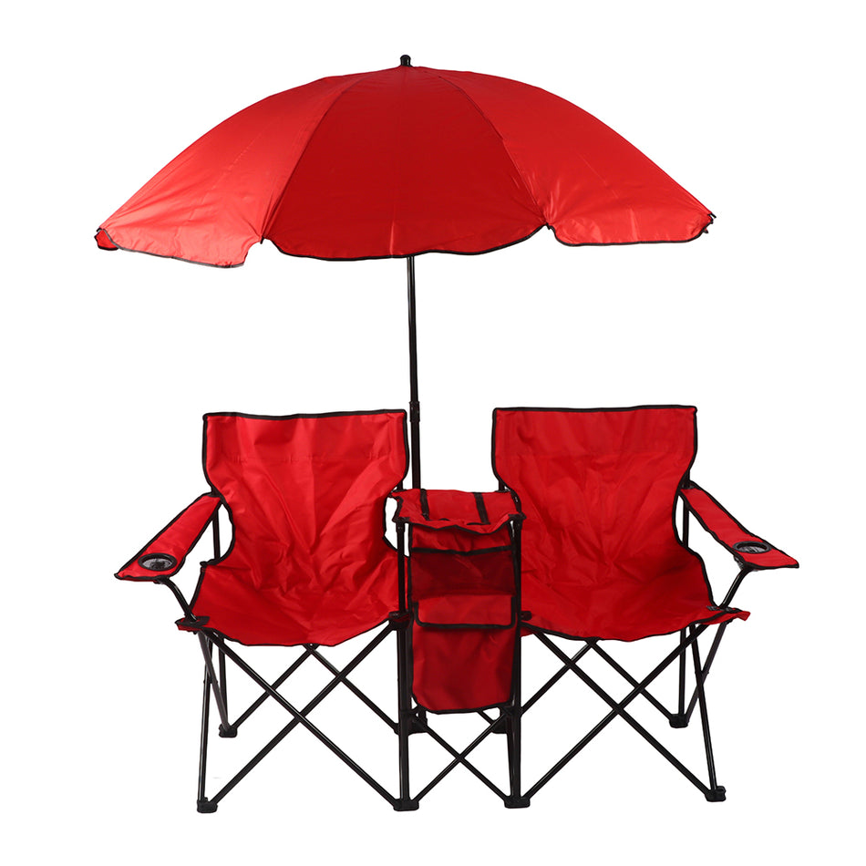 2-Person Folding Camping Chair Set with Red Umbrella & Cooler Table, Portable Outdoor Double Chair for Beach, Patio & Camping