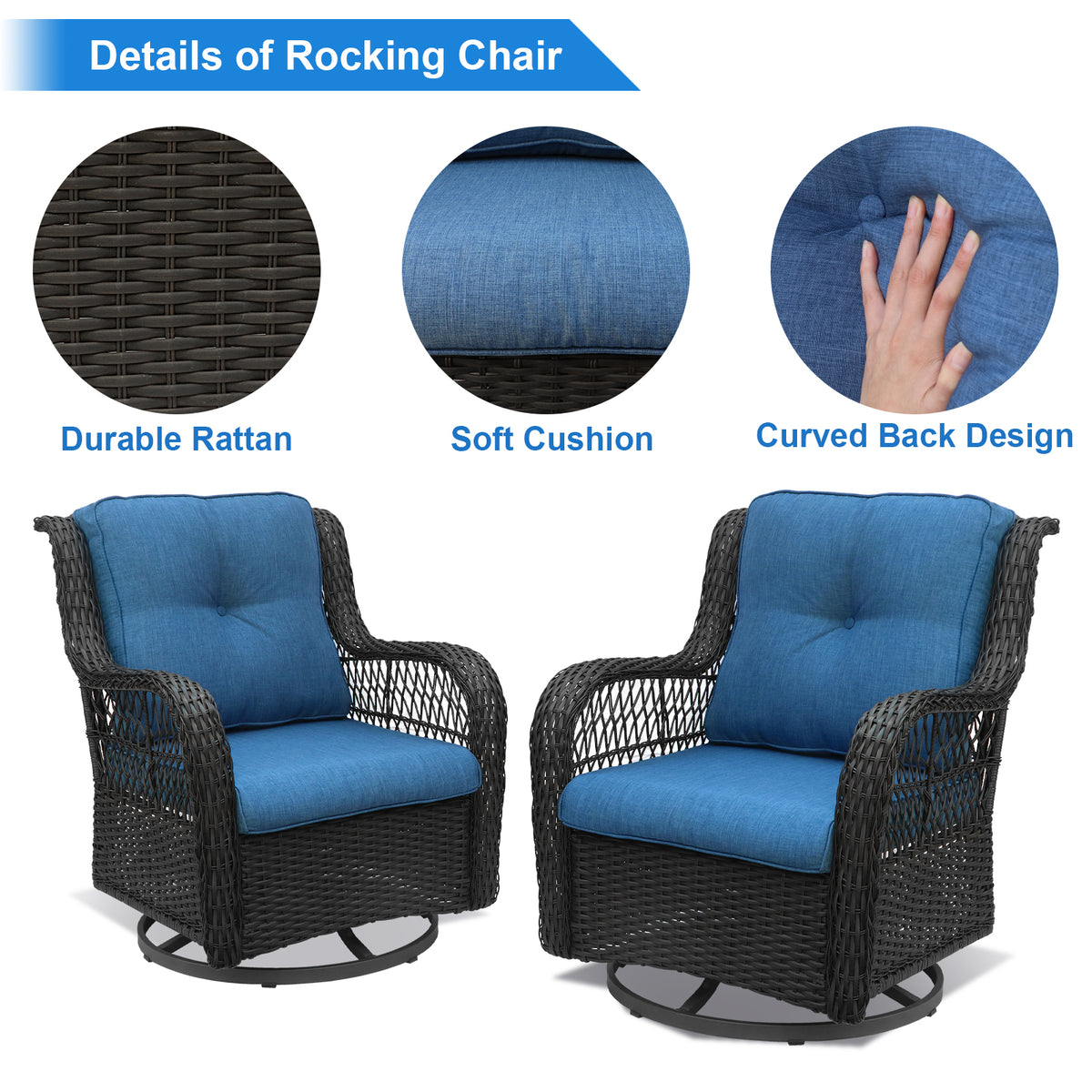 Bigtree 3 Piece Wicker Swivel Rocker Patio Furniture Set Blue