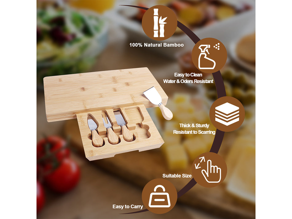 Bamboo Cheese Board with Cutlery Set, Charcuterie Serving Platter