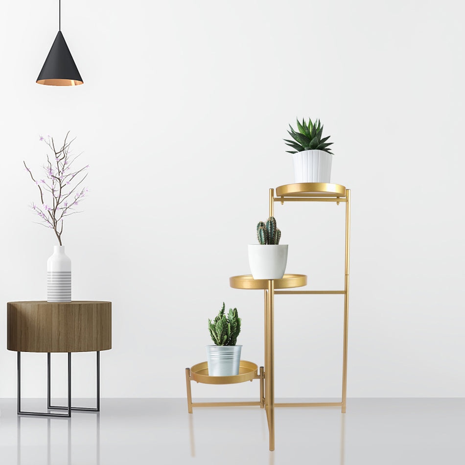 3-Tier Foldable Gold Metal Plant Stand, Modern 2-in-1 Plant Shelf